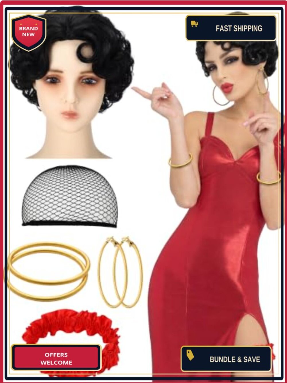 1920s Flapper Costume Accessory Set 6 Pc Wig Earrings Bracelets Garter